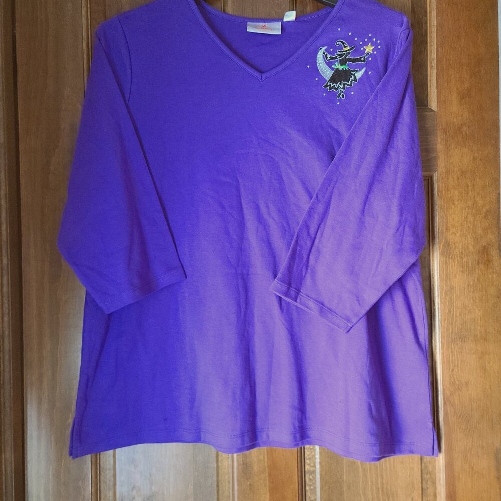 QUAKER FABRIC HALLOWEEN WITCH  SILVER CRESCENT MOON  WITH 3/4 SLEEVES SIZE XL